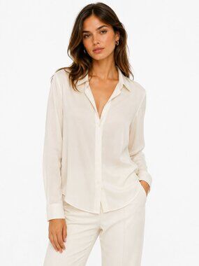 Quince Washable Stretch Silk Notch Collar Blouse Ivory Mulberry Silk Size Small